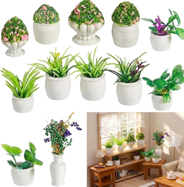 12-Piece Miniature Dollhouse Plants with White Pots, Artificial Greenery Decor Set