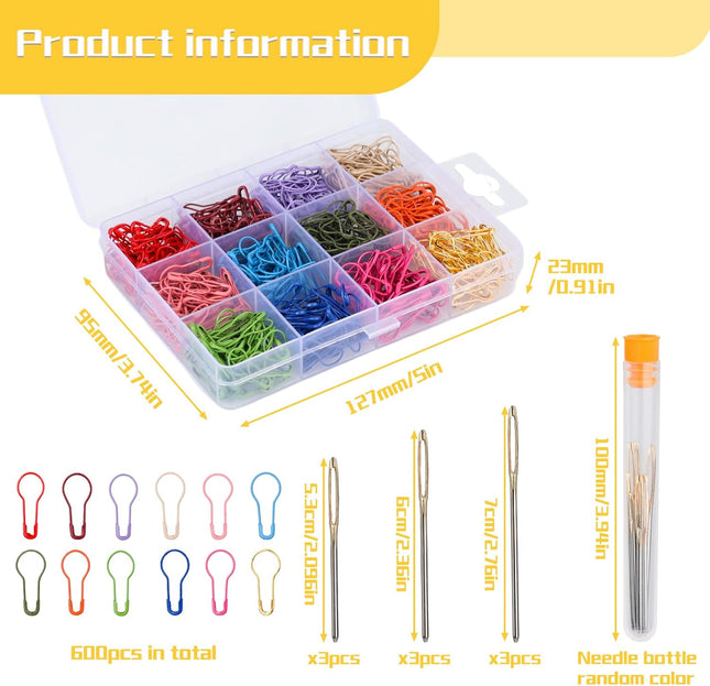 600 Pcs Metal Crochet Stitch Markers Set with 9 Blunt Needles, Storage Box and Tube