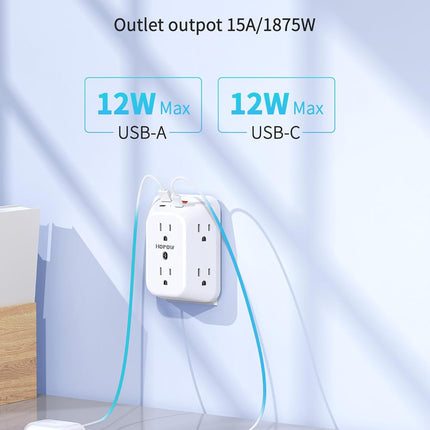3-Sided 6-Outlet Extender with 4 USB Ports (2 USB-C), Surge Protector, White