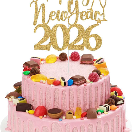 Gold Glitter Happy New Year 2026 Cake Topper NYE Party Decorations