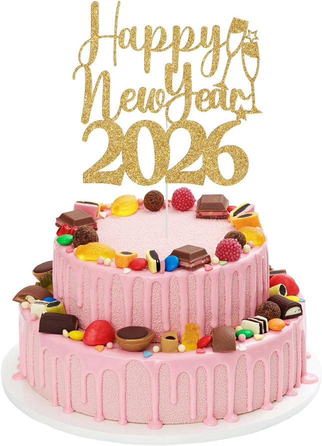 Gold Glitter Happy New Year 2026 Cake Topper NYE Party Decorations