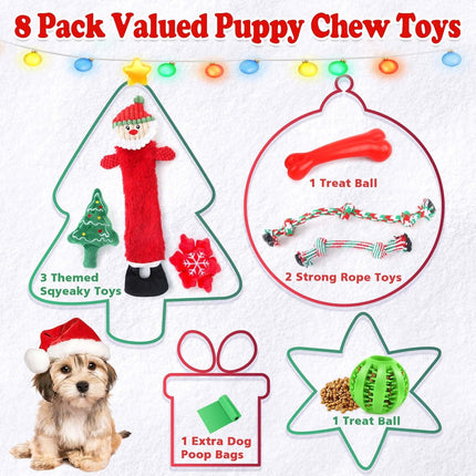Christmas Dog Toys 8-Pack – Santa Squeaky Plush Chews & Durable Interactive Rope for Puppies