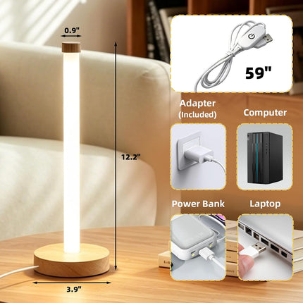 Wood Cylinder Table Lamp 360° Light Stepless Dimming 3 Color Temperatures USB