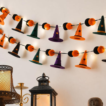 9.8FT 20LED Halloween String Lights, Witch Hat & Pom Pom, Orange Purple Green Decor