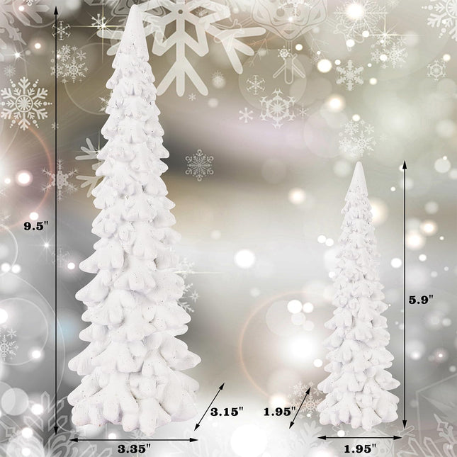 Winter Snow Resin Christmas Trees, Set of 2 White Glittered Tabletop Decor