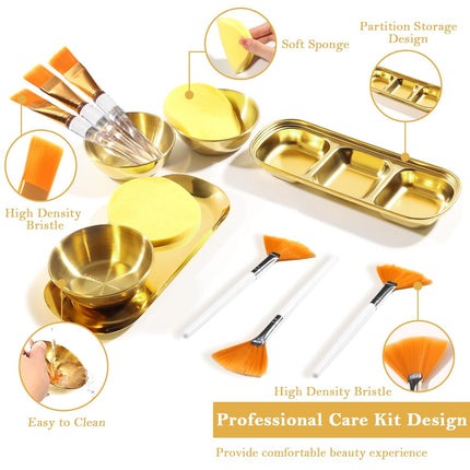 3 Pcs Esthetician Supplies – Gold Mixing Bowls, Serving Trays, Brushes & Facial Sponges