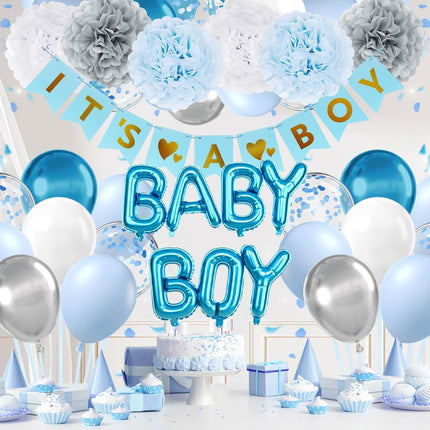 Blue Grey Baby Shower Party Decorations with Silver Balloons Banner Set