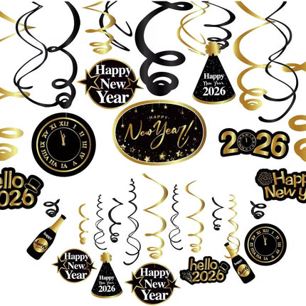 Happy New Year 2026 Hanging Swirls Decorations Glitter Gold Black NYE Party