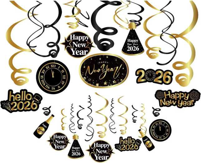 Happy New Year 2026 Hanging Swirls Decorations Glitter Gold Black NYE Party