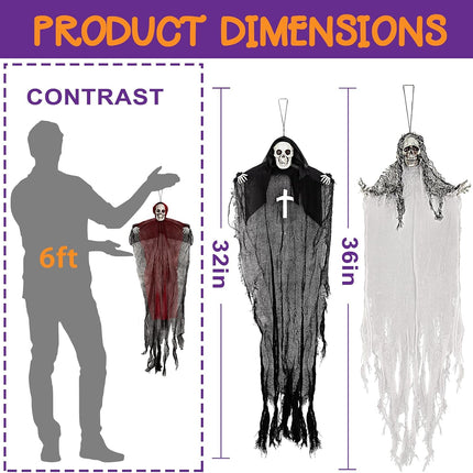 3-Pack Halloween Hanging Grim Reaper Ghosts, 36in & 32in Indoor Outdoor Decor