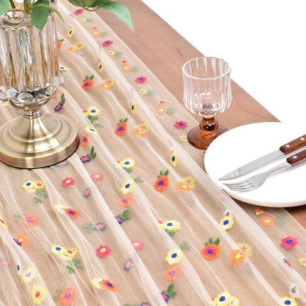 10ft Champagne Floral Daisy Table Runner, Embroidered Wildflower Tulle Decor