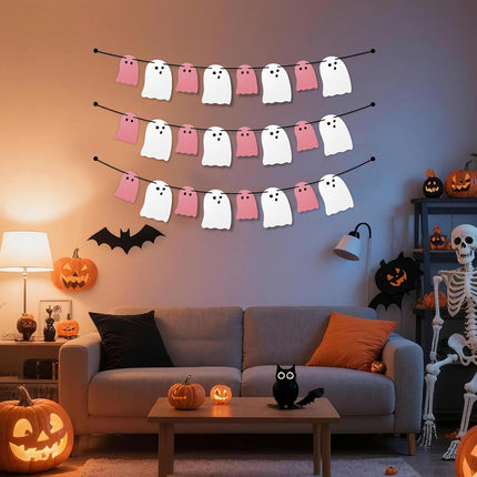 3-Pack Pink & White Halloween Ghost Banners, Hanging Garland for Home & Party Decor
