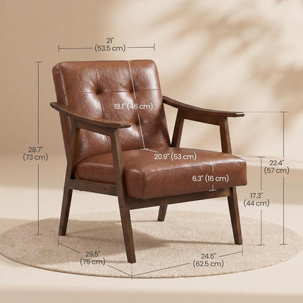 Tan PU Leather Accent Chair, Mid-Century Modern Button-Tufted Armchair with Thick Cushion