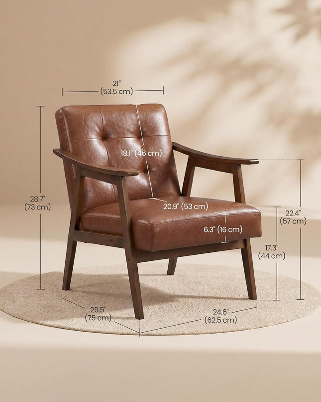 Tan PU Leather Accent Chair, Mid-Century Modern Button-Tufted Armchair with Thick Cushion
