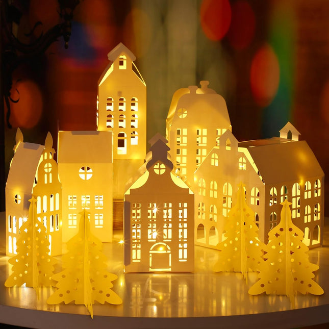 10PCS Lighted Xmas Village Houses – 3D Winter Paper Decoration Set