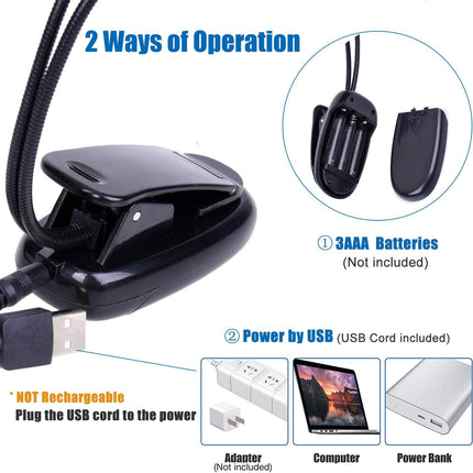 LED Book Light for Musicians – Clip-On, USB/AAA, Dual Arm, 4 Brightness Levels