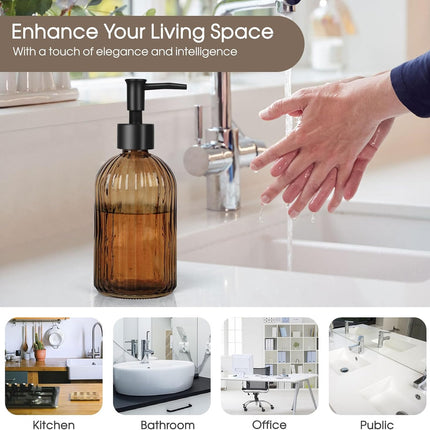 2-Pack Amber Glass Soap Dispenser Set 400ml Black Pump for Kitchen Bathroom Lotion