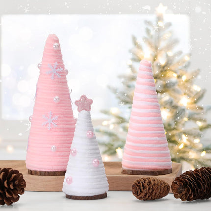 3PCS Pink & White Mini Yarn Christmas Trees, Farmhouse Table & Tiered Tray Decor