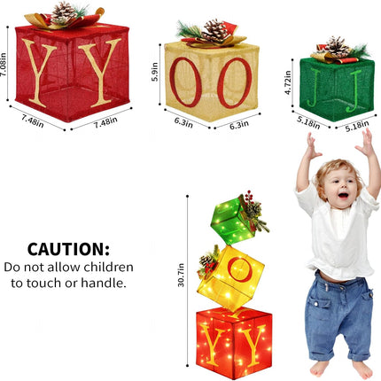 3PCS Lighted Christmas Nesting Boxes – JOY Gift Box Set, 2.6FT, Battery Operated