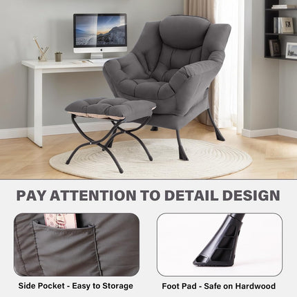 Dark Grey Lazy Chair with Ottoman, Padded Lounge Accent Chair with Side Pocket