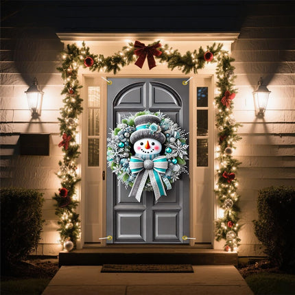 Christmas Door Banner 71x35 Inch: Snowman Wreath Design in Silver & Blue Theme