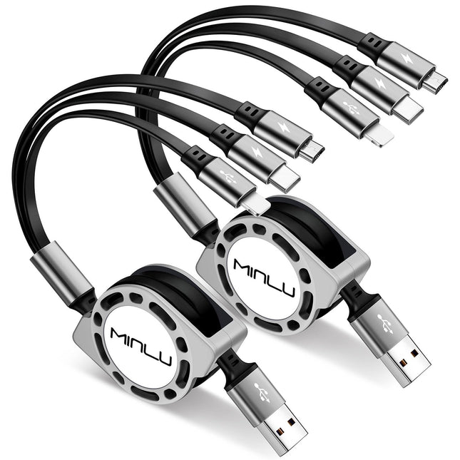 2-Pack 4ft Retractable Multi Charging Cable – 3-in-1 USB-C/Lightning/Micro