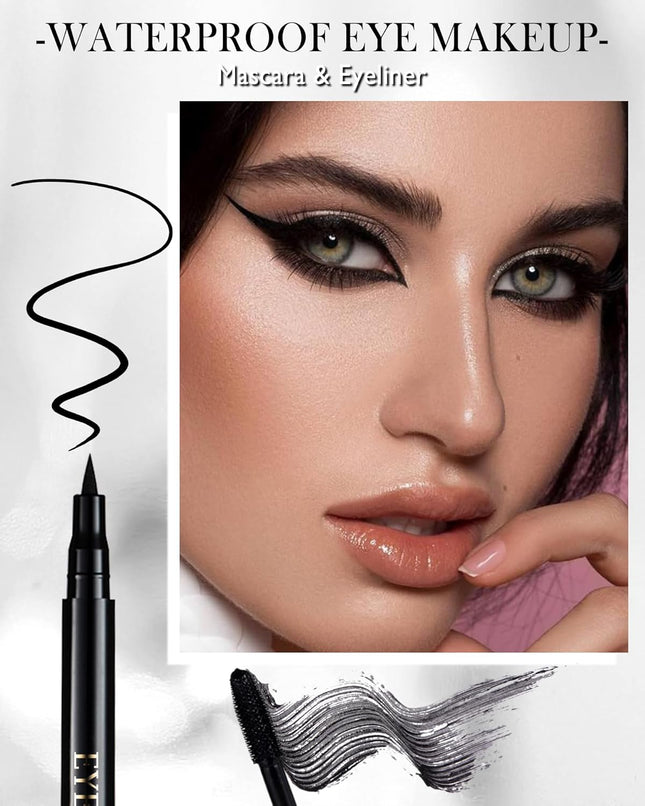 Black Waterproof Mascara & Eyeliner Set 5D Silk Fiber Volume Lengthening