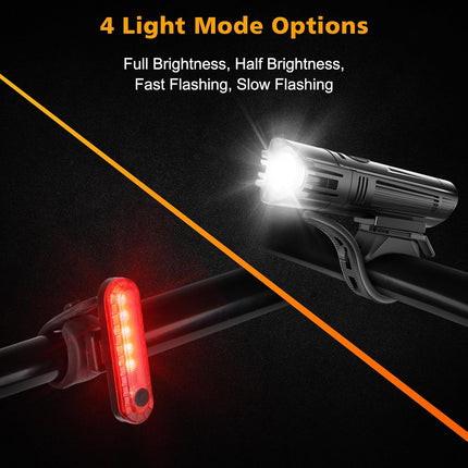 USB Rechargeable Bike Light Set, Ultra Bright Front Headlight & Rear Taillight, 4 Modes