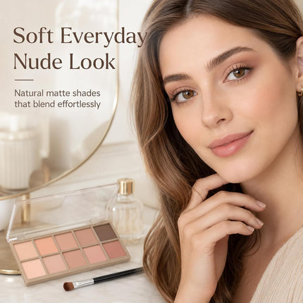 10-Color Neutral Nude Eyeshadow Palette, Beige Pink Brown Matte Smoky Eye Makeup