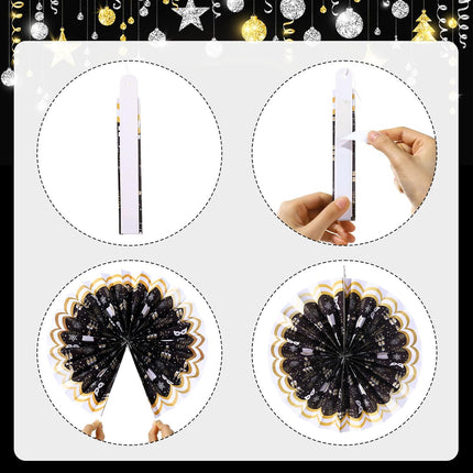 Happy New Year 2026 Paper Fans – 9-Pc Black & Gold Party Hanging Decor