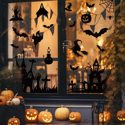 6-Sheet Halloween Window Clings, Black Castle Graveyard Bat Reusable Glass Decals