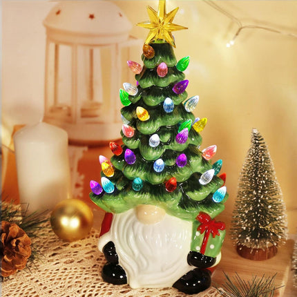 12” Lighted Gnome Ceramic Tree 46 Multicolor Lights, Tabletop Christmas Decor