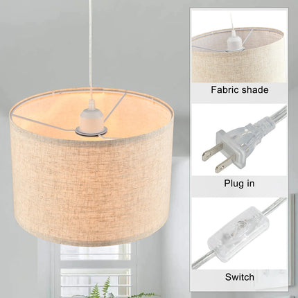 2 Pack Plug In Pendant Lights Beige Linen Shade 15Ft Clear Cord E26 Hanging Lamps