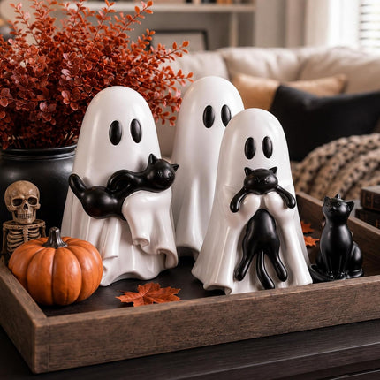 4-Piece 6in Halloween Ghost Cat Figurines, Cute Resin Gothic Tabletop Shelf Decor