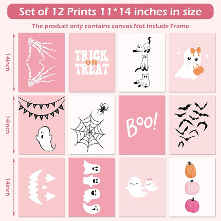12-Piece Pink Halloween Wall Art Prints 11x14in, Ghost Pumpkin Boo Posters Unframed