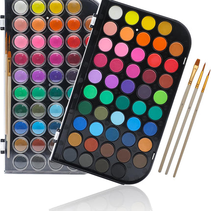 48-Color Watercolor Cake Set with 3 Brushes – Washable & Travel-Friendly