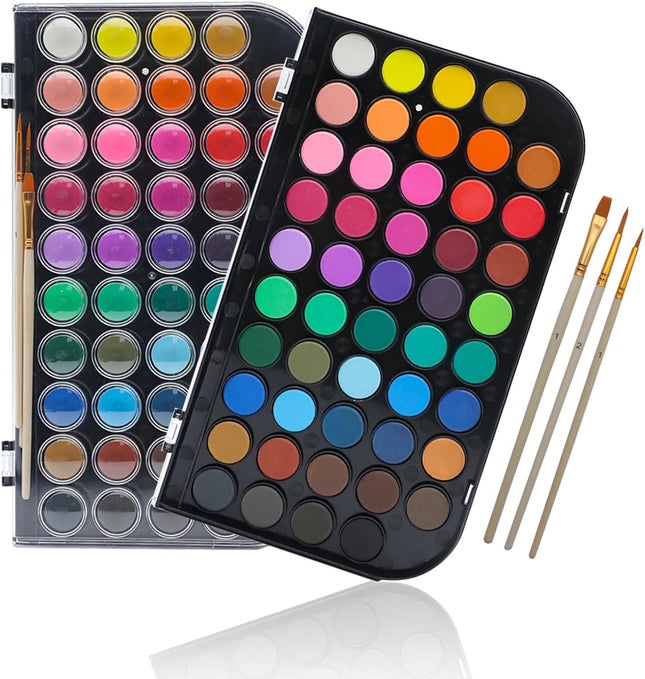 48-Color Watercolor Cake Set with 3 Brushes – Washable & Travel-Friendly