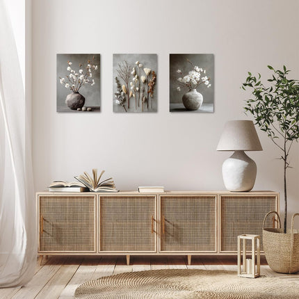 3Pcs Wabi Sabi Botanical Canvas Wall Art Set, Rustic Neutral Farmhouse Decor