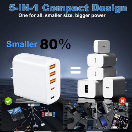 60W 5 Port USB C Charger with Cables Fast Wall Adapter for iPhone Samsung