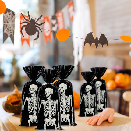 150PCS Halloween Cellophane Gift Bags with 200 Twist Ties, Skeleton Candy Treat Bags