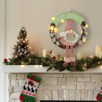 Christmas Gnome Wreath – 13.5" LED Lights & Timer for Door or Wall Decor
