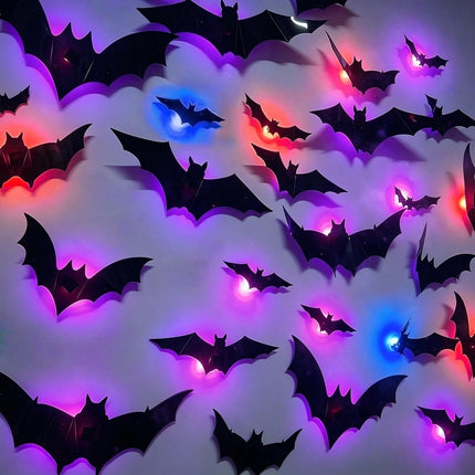 12-Pack 3D LED Bat Halloween Wall Decor, Light-Up Stickers for Indoor Party Decor