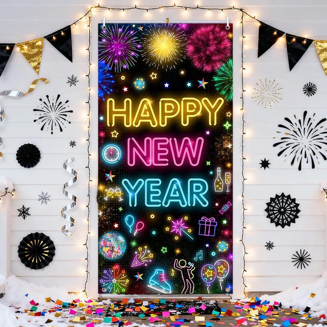 Happy New Year 2026 Door Banner – Colorful Neon Firework Party Decor