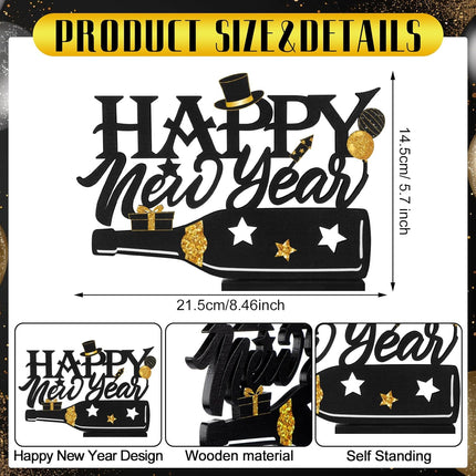 New Year 2026 Wood Table Centerpiece – Black & Gold Glitter Party Sign