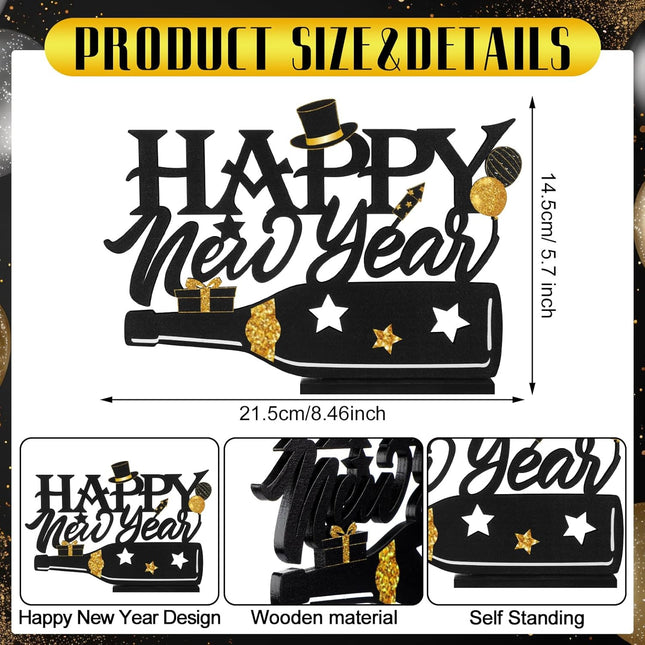 New Year 2026 Wood Table Centerpiece – Black & Gold Glitter Party Sign