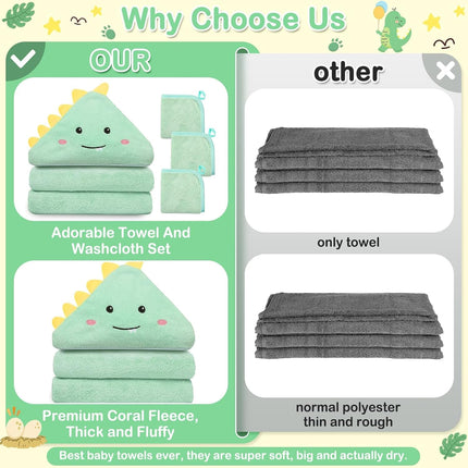 4PCS Baby Bath Towels Set, Dinosaur Hooded Towel & 3 Washcloths, Soft Infant Essentials