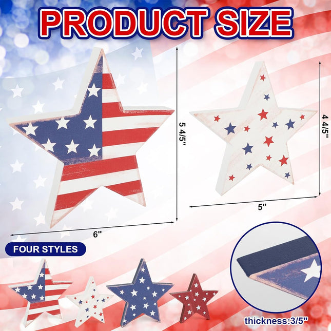 4 Pcs 4th of July Wooden Star Decor Patriotic Red White Blue Table Set