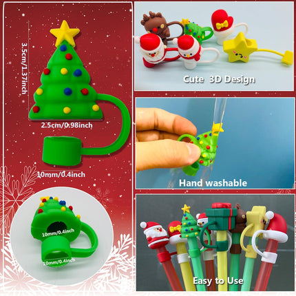 8PCS Christmas Straw Toppers – 3D Santa & Tree Silicone Caps for Stanley Tumblers