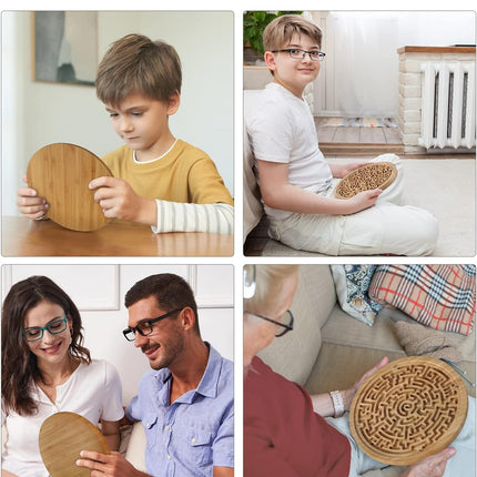 Round Wooden Labyrinth Board Game, Marble Maze Puzzle with 2 Metal Balls for Kids & Adults