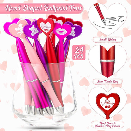 24 Pcs Valentine’s Day Heart-Shaped Pens: Black Ink Ballpoint Pens with Bear & Angel